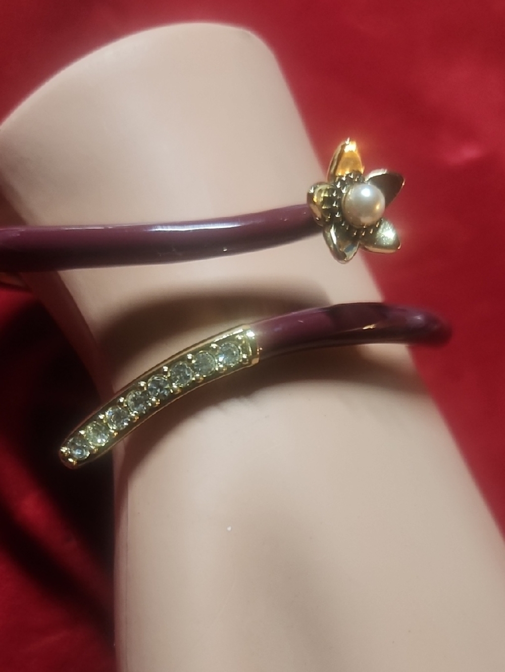 Coach Burgundy Enamel Open Cuff Bracelet with Gold Flower and Crystal Accents